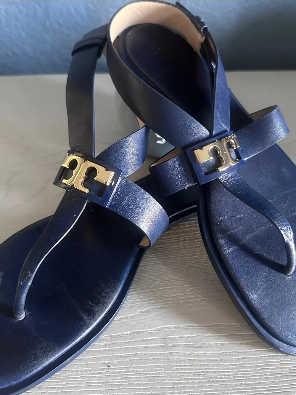 Tory Burch Navy Leather Thong Sandals with Gold Logo